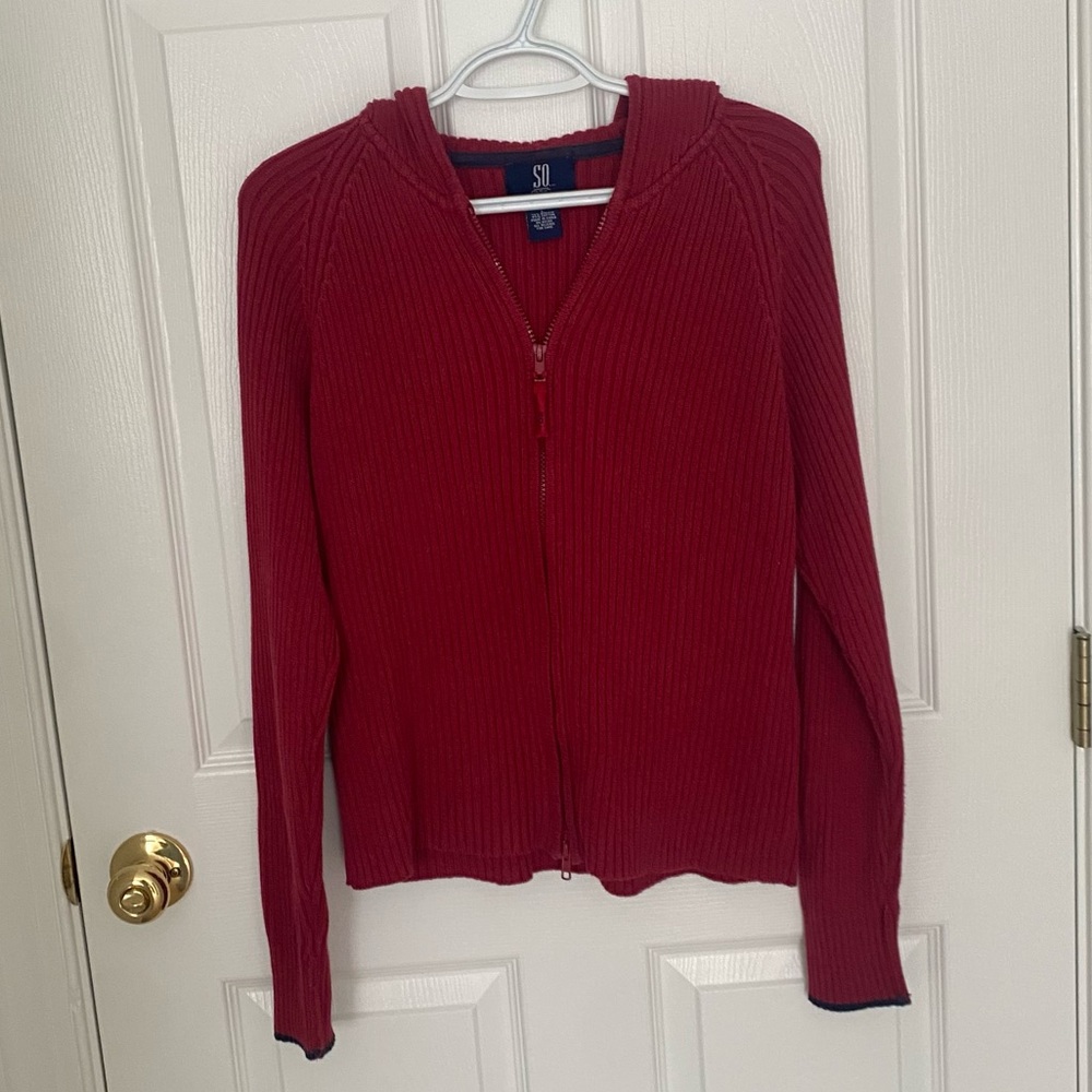 SO Y2K Red Ribbed Cardigan Double Zipper with Blue Pipping SZ L